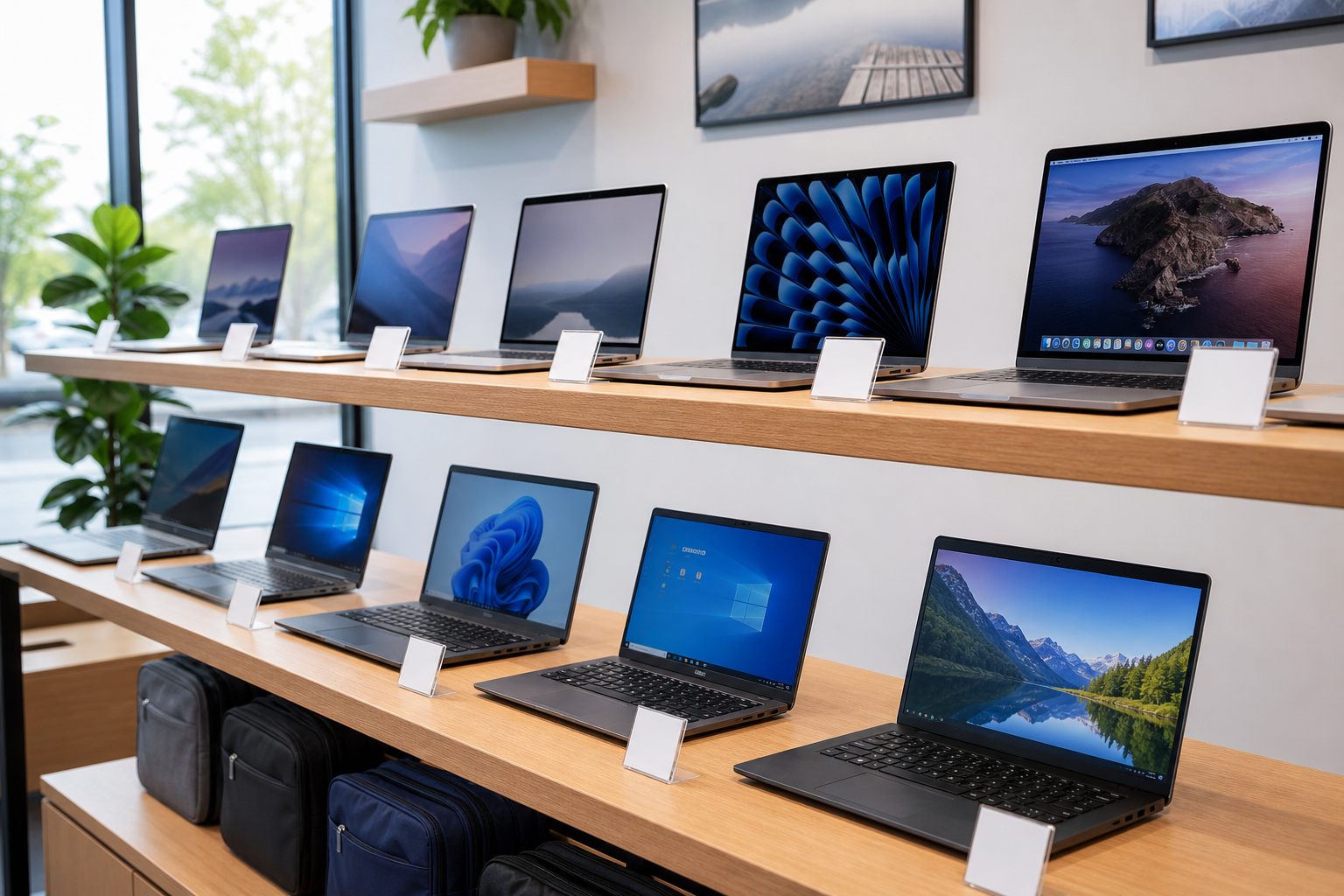 Refurbished Mac and PC laptops on display in the shop