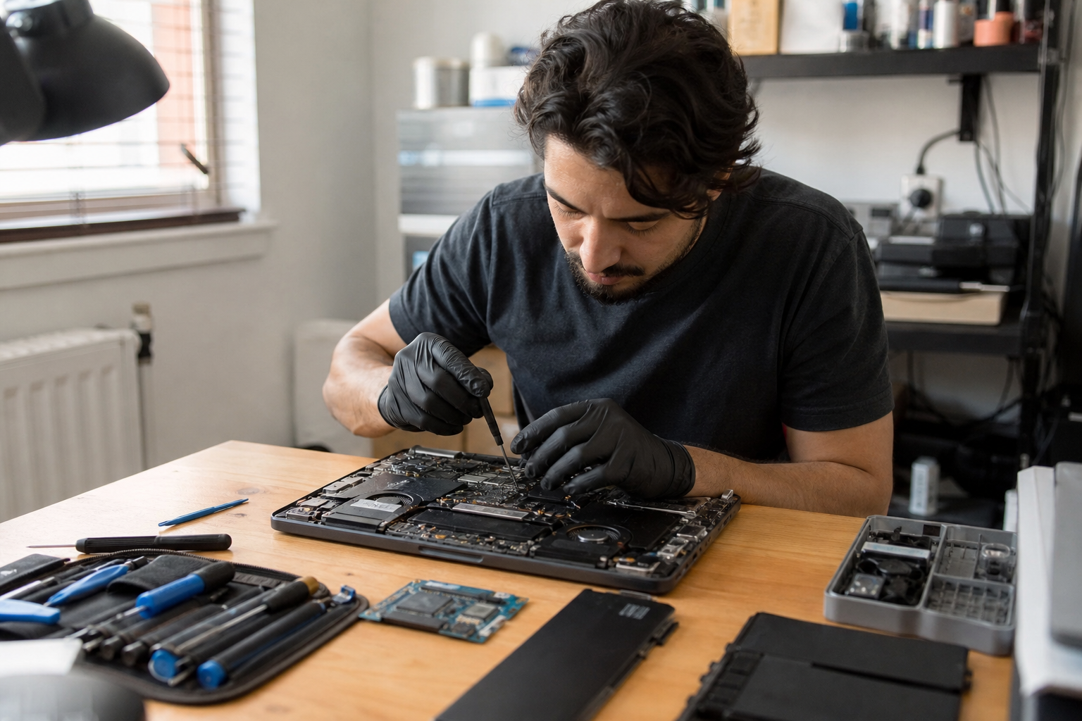 Technician repairing an open laptop at the workbench